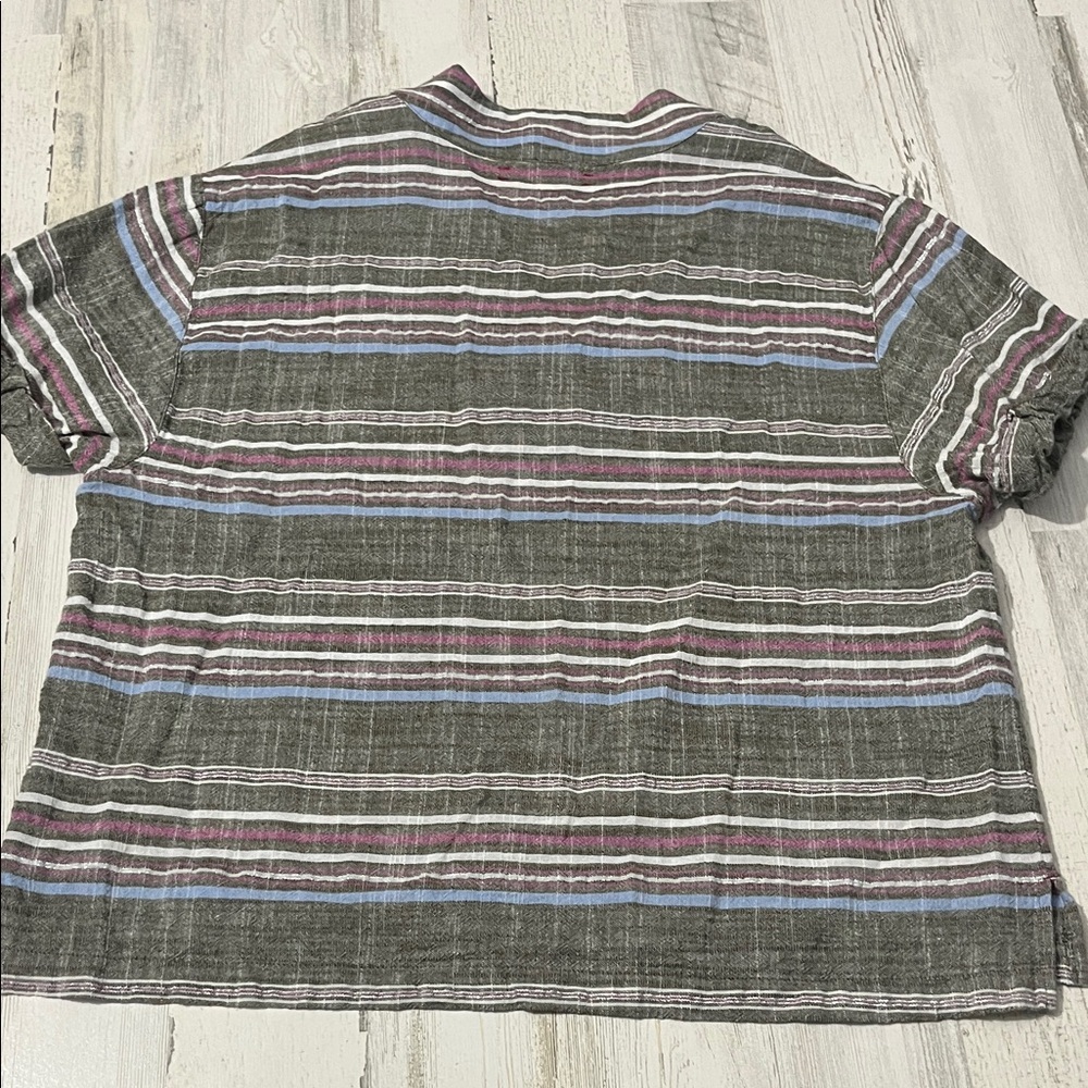 XiRENA Gray Striped V-Neck Blouse with Blue and Purple Accents - Picture 5 of 9